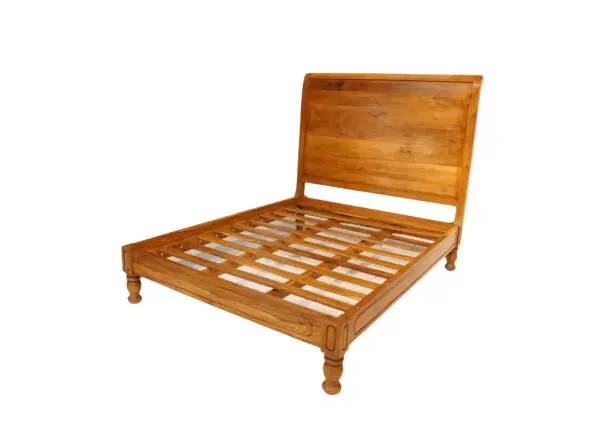 Wooden bed frame with slatted base.