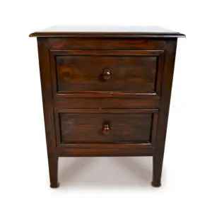 A wooden table with two drawers and a small cabinet.