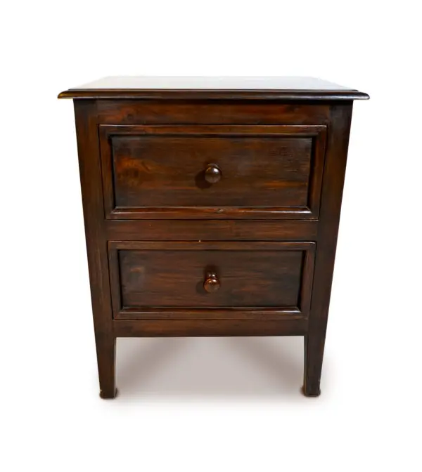 A wooden table with two drawers and a small cabinet.