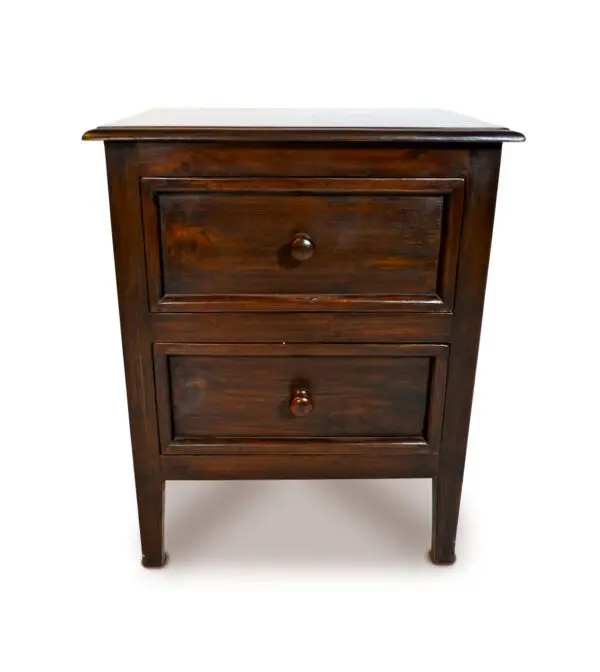 Wooden bedside table with two drawers.