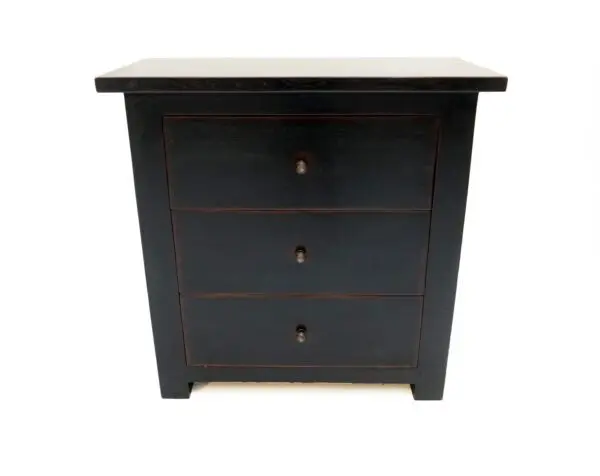 Black wooden nightstand with three drawers.