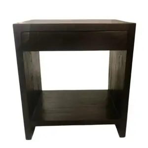 Dark wooden end table with drawer and shelf.