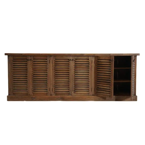 Wooden cabinet with louvered doors.