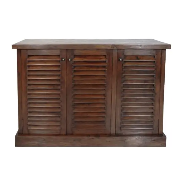 Wooden cabinet with louvered doors.