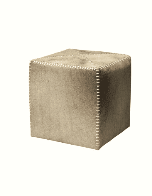 Beige square ottoman with white stitching.