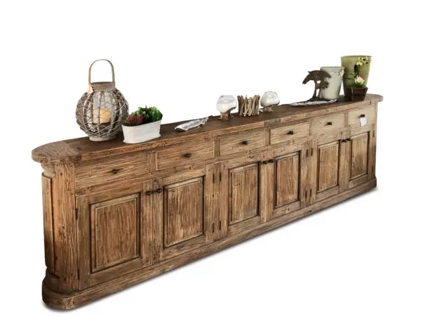 Wooden sideboard with decorative items displayed.