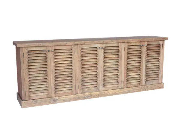 Wooden cabinet with louvered doors.