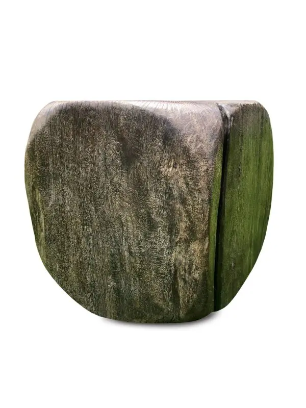 Wooden stool with textured surface and shape.