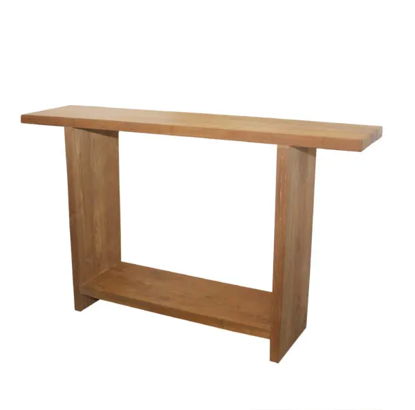 Wooden console table with one shelf.