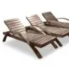 Three wooden lounge chairs in a row.