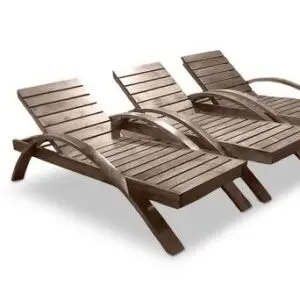 Three wooden lounge chairs in a row.