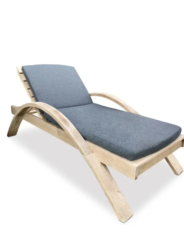 Wooden lounge chair with gray cushion.