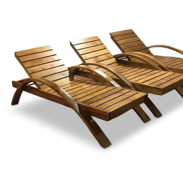 Three wooden lounge chairs in a row.