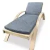 Wooden lounge chair with gray cushion.