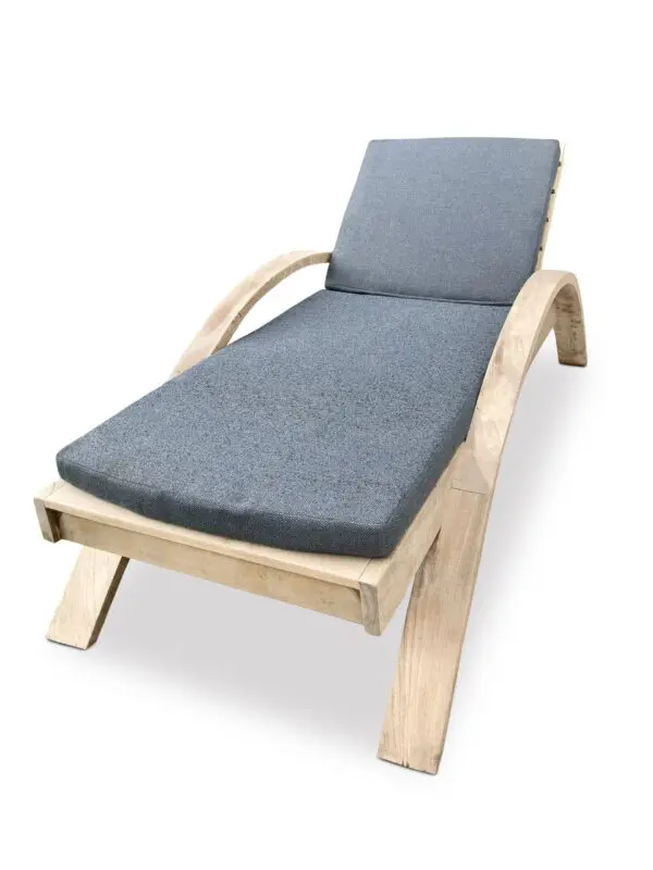 Wooden lounge chair with gray cushion.