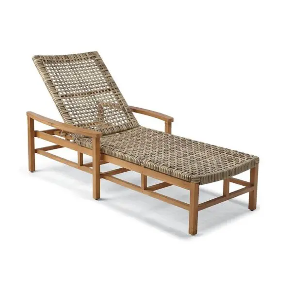 Woven outdoor lounge chair with wooden frame.