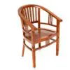Wooden chair with curved arms and slats.