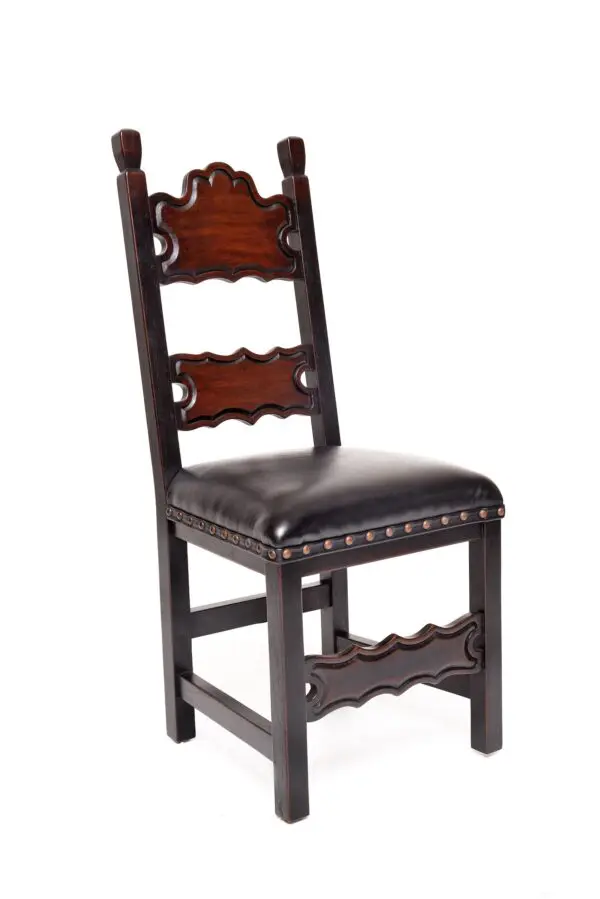 A chair with black leather seat and wooden back.