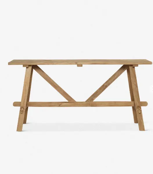 Wooden bench with a triangular frame.