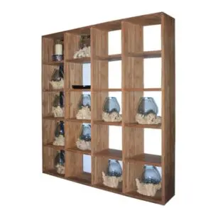 Wooden shelf with decorative glass vases.