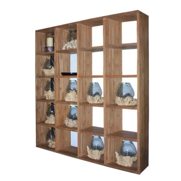 Wooden shelf with decorative glass vases.