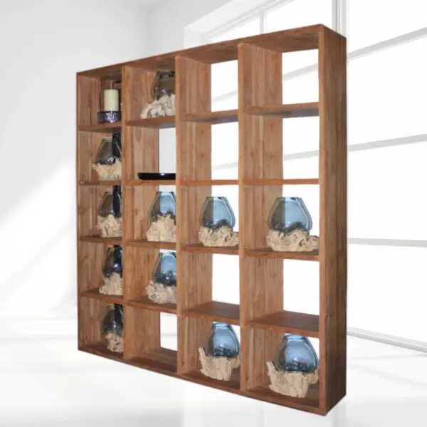 Wooden shelf with decorative glass vases.