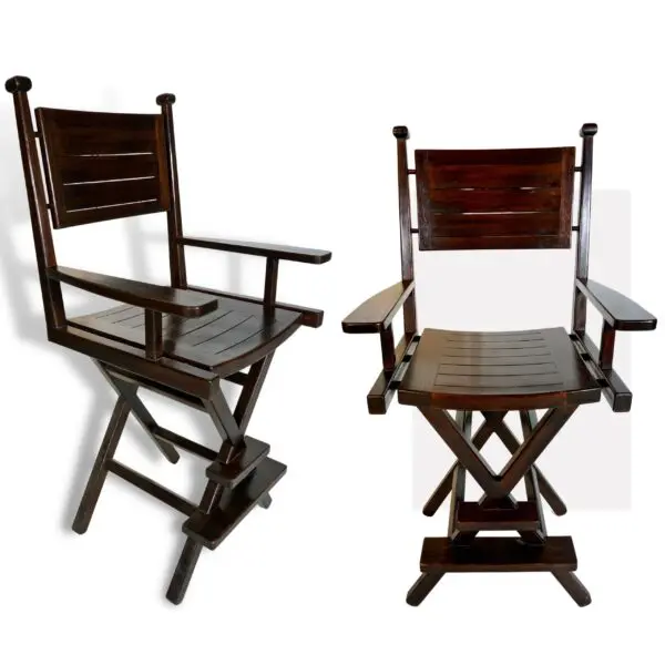 Wooden folding director's chairs in dark finish.