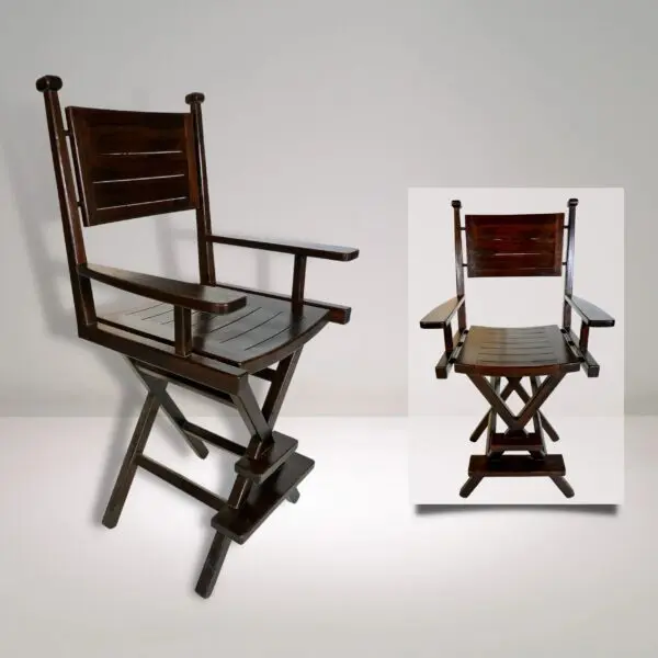 Wooden director's chair in two views.