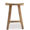 Wooden stool with four legs and curved seat.