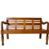 Wooden bench with slatted design and armrests.