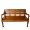 Wooden bench with slatted design and armrests.
