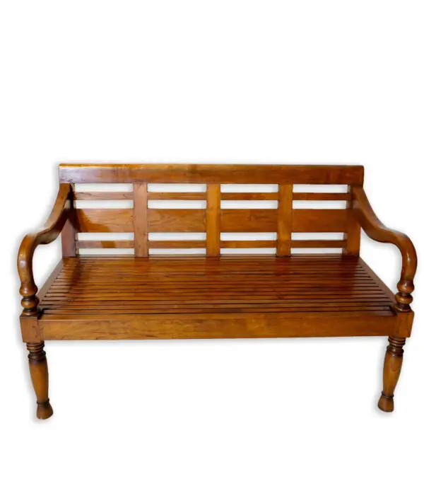 Wooden bench with slatted design and armrests.