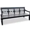 Black wooden bench with decorative backrest.