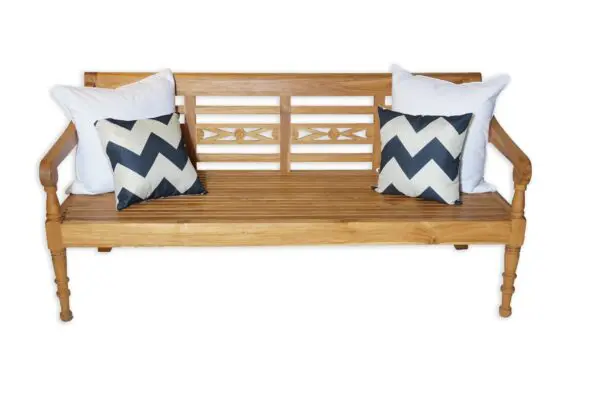 Wooden bench with decorative cushions.