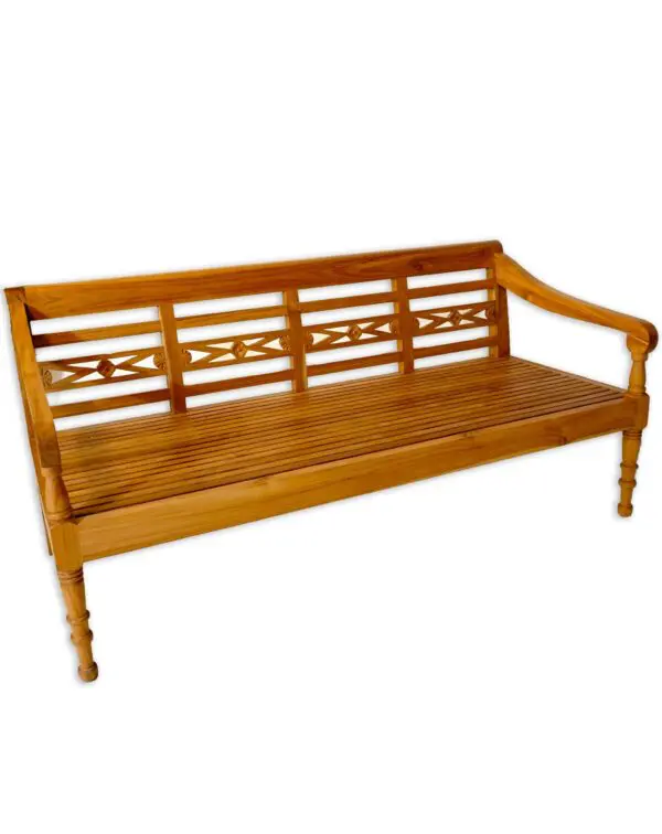 Wooden bench with decorative backrest design.