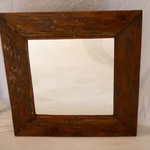 Rustic wooden mirror with a simple frame.