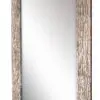Wooden-framed rectangular mirror with reflective surface.