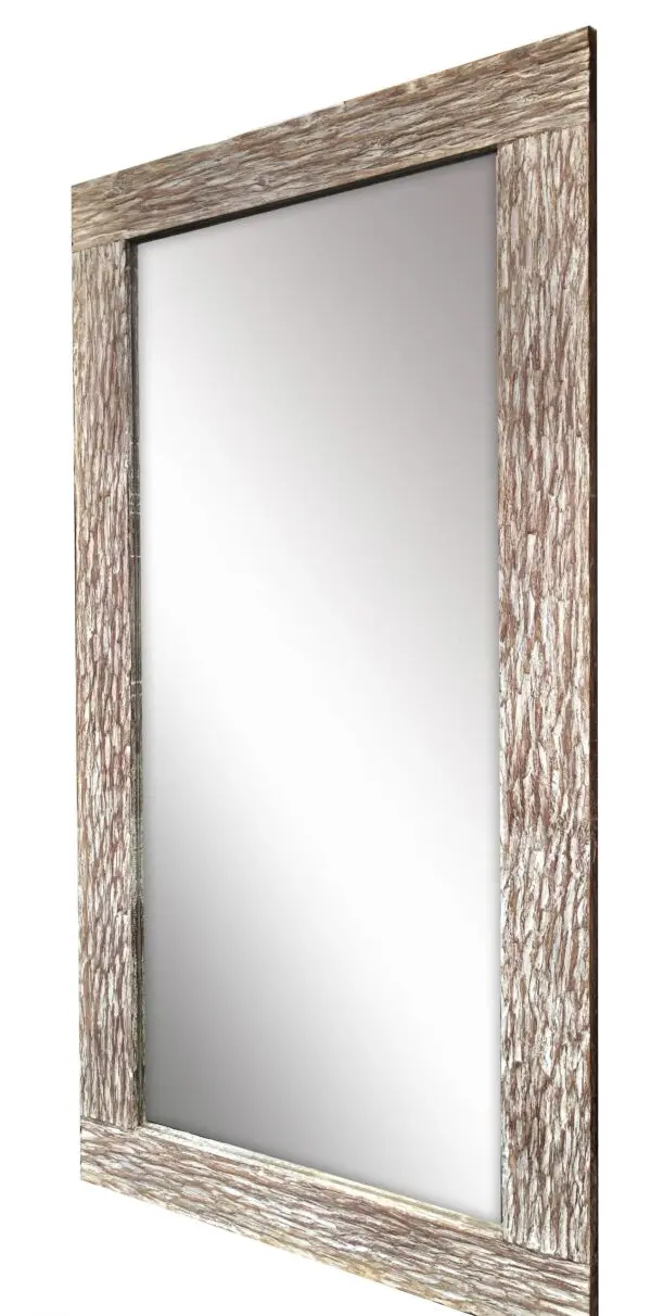 Wooden-framed rectangular mirror with reflective surface.