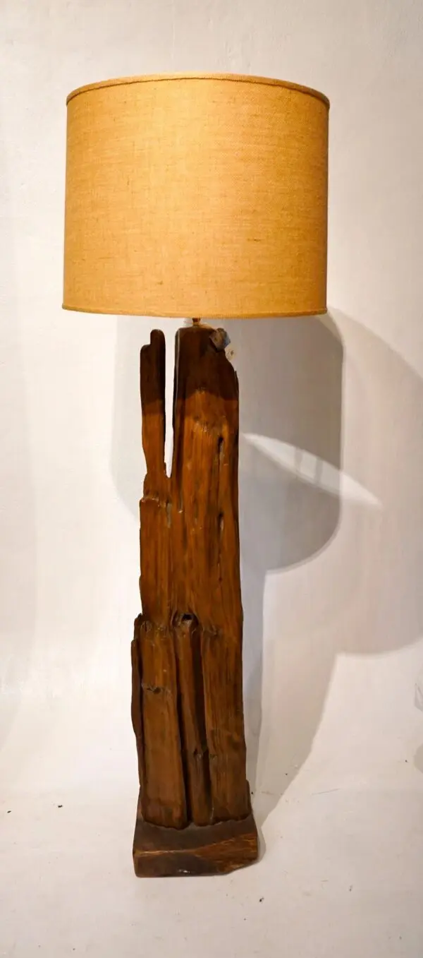 Wooden lamp with fabric shade design.