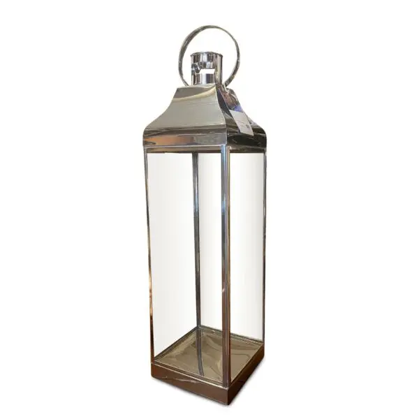 Silver lantern with clear glass panels.