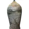 Woven decorative storage container with cone shape.