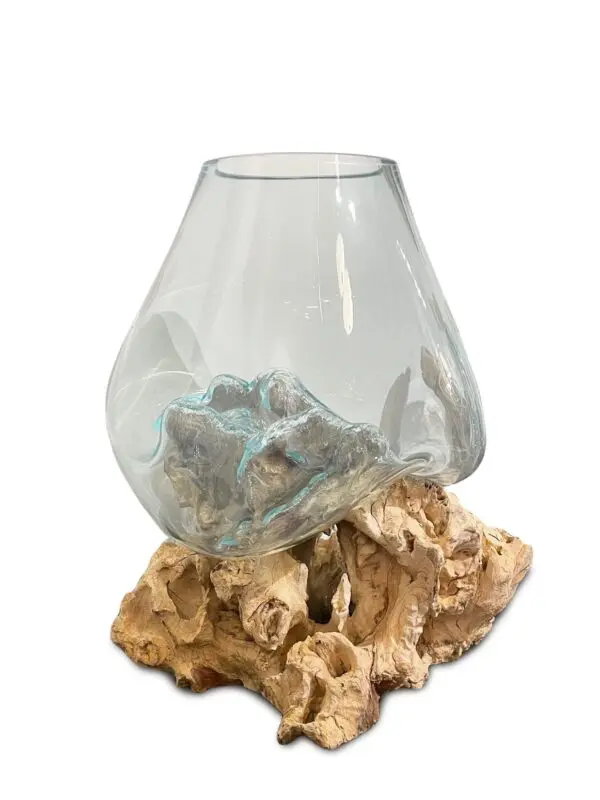 Glass vase with driftwood base.