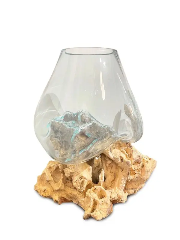 Glass vase on decorative wooden base.