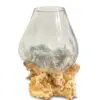 Glass vase on natural wood base.