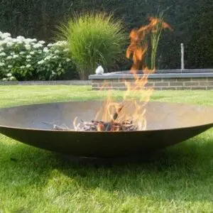 Fire burning in a large metal bowl.
