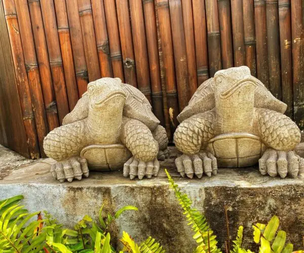 Stone turtle sculptures against bamboo background.