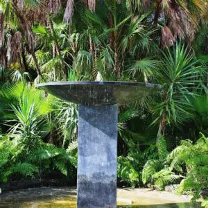 Modern fountain in a tropical garden.