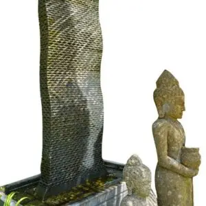 Buddha statues beside a decorative fountain.