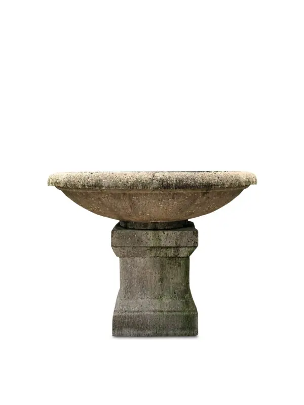 Stone birdbath on a pedestal base.