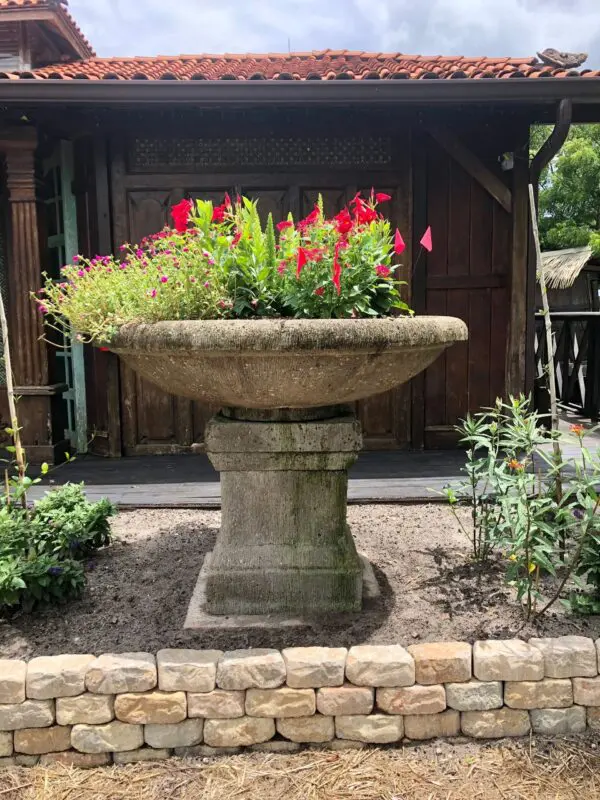 Flower planter with vibrant blossoms and greenery.